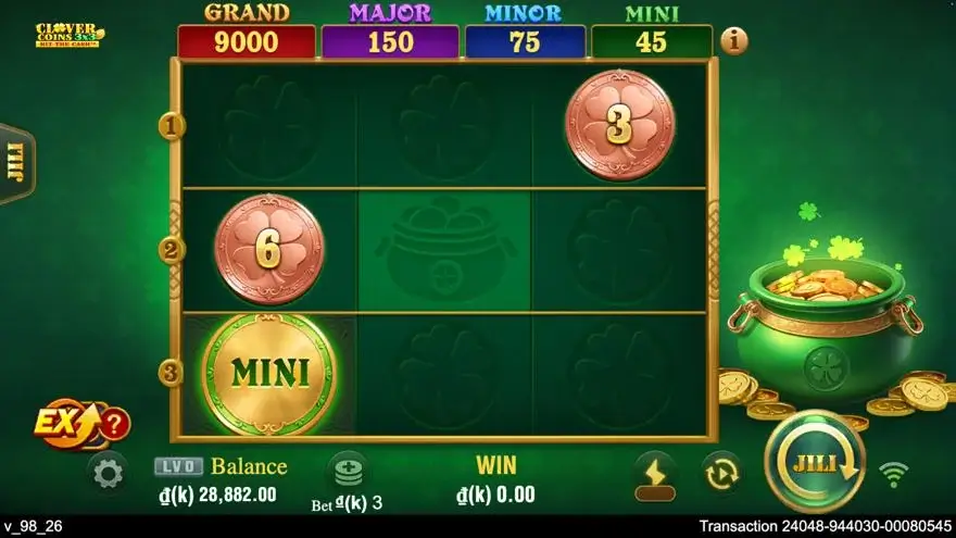 Ảnh màn hình gameplay game Clover Coins 3x3 (slot JILI) chơi tại LC79