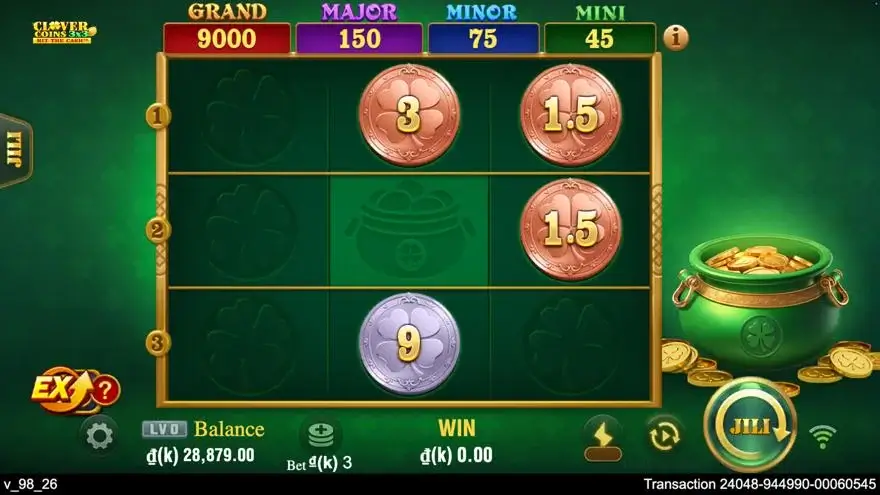 Ảnh bảng biểu tượng & tính năng game Clover Coins 3x3 (slot JILI) chơi tại LC79